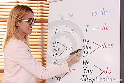 English teacher writing on whiteboard in class at lesson Stock Photo