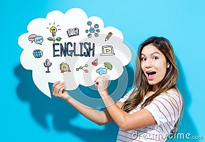 English text with young woman holding a speech bubble Stock Photo