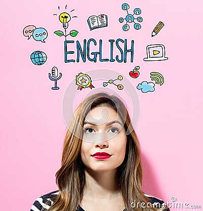 English text with young woman Stock Photo