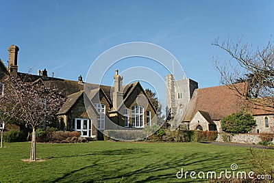 English Village School and Church Stock Photo