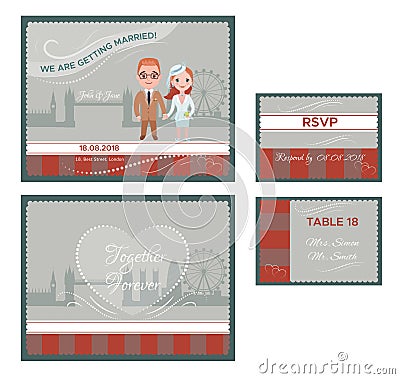 English Wedding Invitations Cards Set Vector Illustration