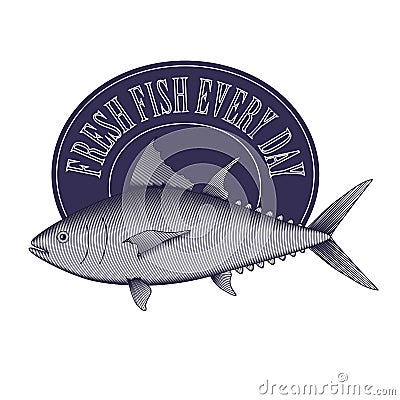 Engrave style vintage logo - tuna fish and frame Vector Illustration