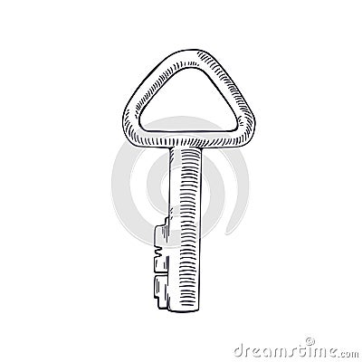 Engraved drawing of outlined contoured door key. Etched sketch of locking house item drawn in retro vintage detailed Vector Illustration