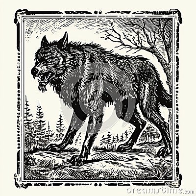 Engraved Gothic Illustration Of A Wolf Walking In The Forest Cartoon Illustration