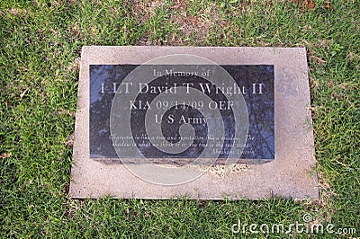 Engraved granite memorial for 1st Lieutenant David T. Wright II in the Veteran`s Memorial Park in Moore, Oklahoma. Editorial Stock Photo