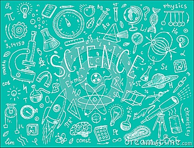 Engraved hand drawn in old sketch and vintage style. scientific formulas and calculations in physics and mathematics Vector Illustration