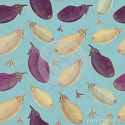 Engraved hand drawn veggie seamless pattern. eggplants on blue background. vintage style plant ornament Stock Photo