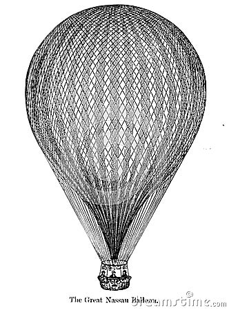 An engraved illustration of the Great Nassau Balloon from a vintage book Encyclopaedia Britannica by A. and C. Black, vol. Cartoon Illustration