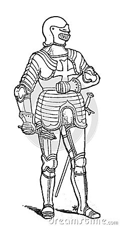 An engraved illustration of the Knight in armour from a vintage book Encyclopaedia Britannica by A. and C. Black, vol. 2, of 1875 Cartoon Illustration