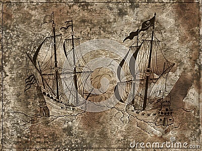 Engraved illustration of old ships battle on textured grunge background Cartoon Illustration