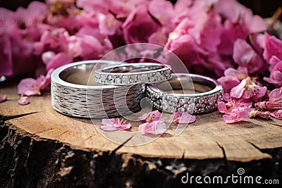 engraved platinum rings on a stump, surrounded by scattered flower petals Stock Photo