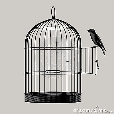 Engraved vintage drawing of a bird perched on the open door of a birdcage Vector Illustration