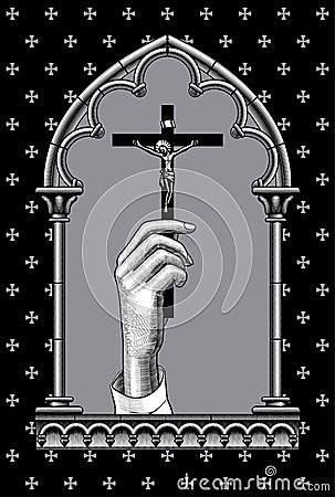 Engraved vintage drawing of a female hand with a cross in a classic gothic architectural decorative frame Vector Illustration