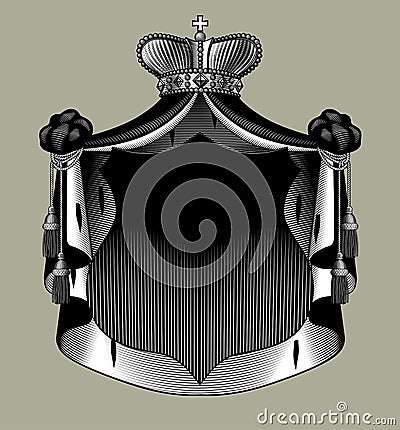 Engraved vintage drawing of shield signboard with royal mantle and crown Vector Illustration