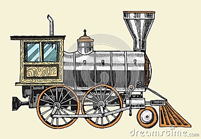 Engraved vintage, hand drawn, old locomotive or train with steam on american railway. retro transport. Vector Illustration