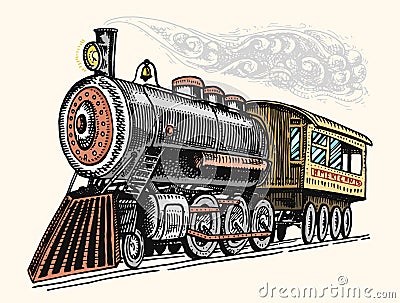 Engraved vintage, hand drawn, old locomotive or train with steam on american railway. retro transport. Vector Illustration