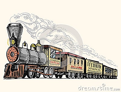 Engraved vintage, hand drawn, old locomotive or train with steam on american railway. retro transport. Vector Illustration