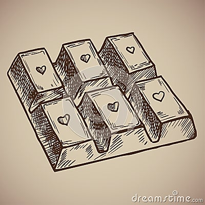 Engraving chocolate bar. Delicious and sweet chocolate with a heart on each cell. Engraving menu for the restaurant Vector Illustration