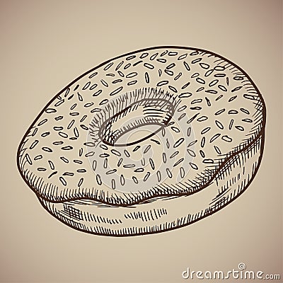 Engraving chocolate donut. Very sweet and tasty snack for coffee. Engraving menu for the restaurant. Vector illustration Vector Illustration