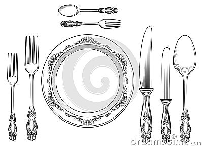 Engraving cutlery and dinner plates Vector Illustration