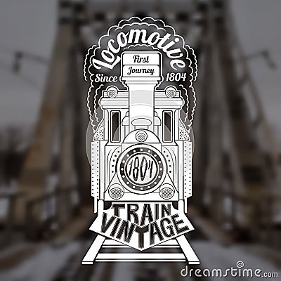 Engraving face of old locomotive or train with text Vector Illustration