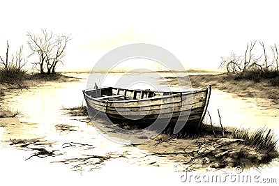 Engraving of old abandoned boat, creepy, haunting, eerie Stock Photo