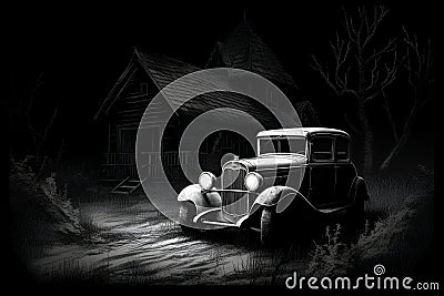 engraving of old retro car abandoned Stock Photo