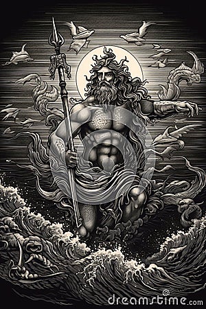 Engraving portrait of Neptune the Roman god of the sea who's Greek equivalent is Poseidon Cartoon Illustration