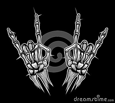 Engraving rock horn sign skeleton hands Vector Illustration