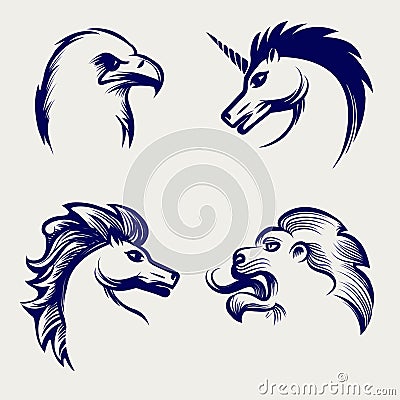 Engraving style animal heads design Vector Illustration