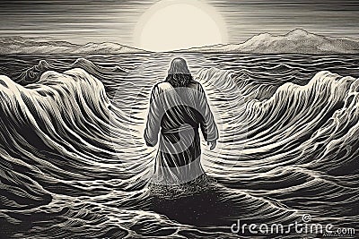 Engraving style. Jesus Christ walking on water on the sea of Galilee. Generative Ai. Stock Photo