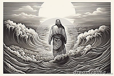 Engraving style. Jesus Christ walking on water on the sea of Galilee. Generative Ai. Stock Photo