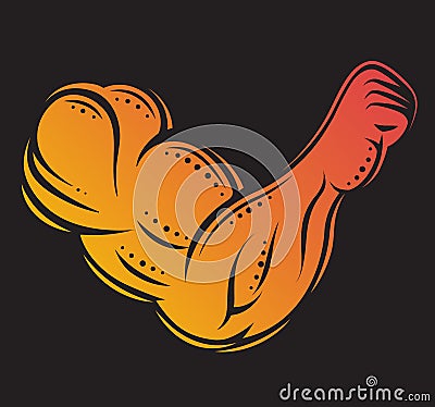 Engraving style sport logo. Biceps and triceps from the hand of the bodybuilder. Fitness abstract logo. Orange color Vector Illustration