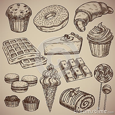 Engraving a sweet set: muffin, donut, croissant, waffles, cheesecake, capcake, macaroons, chocolate bar, two chocolate Vector Illustration