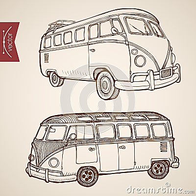 Engraving vintage hand drawn vector retro bus collection. Pencil Sketch passenger transport illustration Vector Illustration