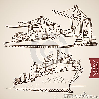 Engraving vintage hand drawn vector Ship cargo con Vector Illustration