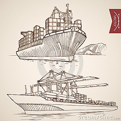 Engraving vintage hand drawn vector Ship cargo con Vector Illustration