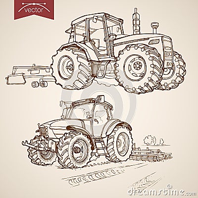 Engraving vintage hand drawn vector tractor Farm S Vector Illustration