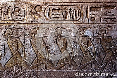 A engraving on the wall leading into the Great Temple of Ramses II at Abu Simbel in Egypt. Stock Photo