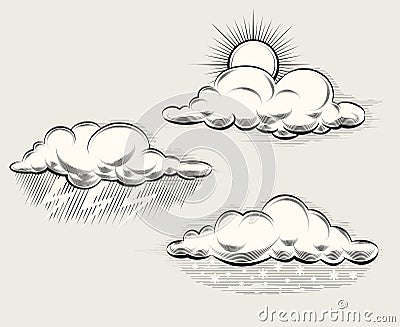 Engraving weather. Sun behind cloud, rain and Vector Illustration