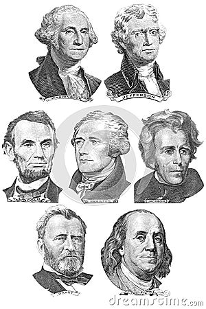 Engravings of portraits of seven presidents Stock Photo