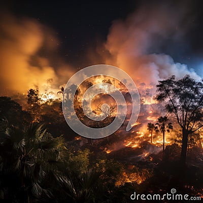 engulfed forest fires come close to the city and houses, Stock Photo