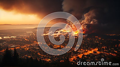 engulfed forest fires come close to the city and houses, Stock Photo