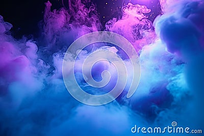 Engulfed in smoke, vibrant purple and blue searchlights create intrigue. Stock Photo