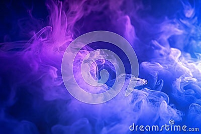 Engulfed in smoke, vibrant purple and blue searchlights create intrigue. Stock Photo