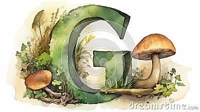 Hand-Drawn Watercolor Pencil Graphics: Letter G Formed by Forest Floor with Moss, Ferns, Mushrooms, and Tree Stumps, Generative AI Stock Photo