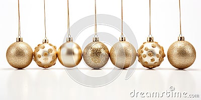 Golden baubles in a line - Christmas ornaments - Xmas decoration - White Background Stock Photo