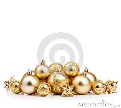 Golden baubles - Christmas ornaments - Xmas decoration - White Background Stock Photo