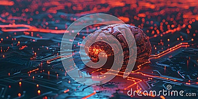Enhanced Brain Symbolizing Connection to Artificial Intelligence in a Global Network Background. Stock Photo