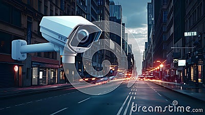 Enhanced Security: Futuristic CCTV Camera Detects Threats and Intrusions on City Streets. Concept Stock Photo